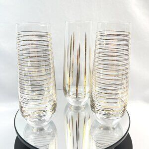 Mid-Century Modern Champagne Glass Flutes Gold & White Glassware Set of 3